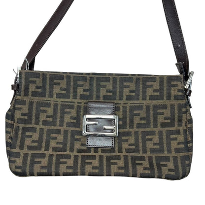 FENDI Zucca Canvas Baguette Bag Shoulder Bag Brown, Black Silver Hardware FE384