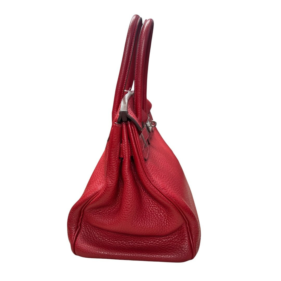 HERMES Clemence Birkin Handbag Red Silver Hardware HE371