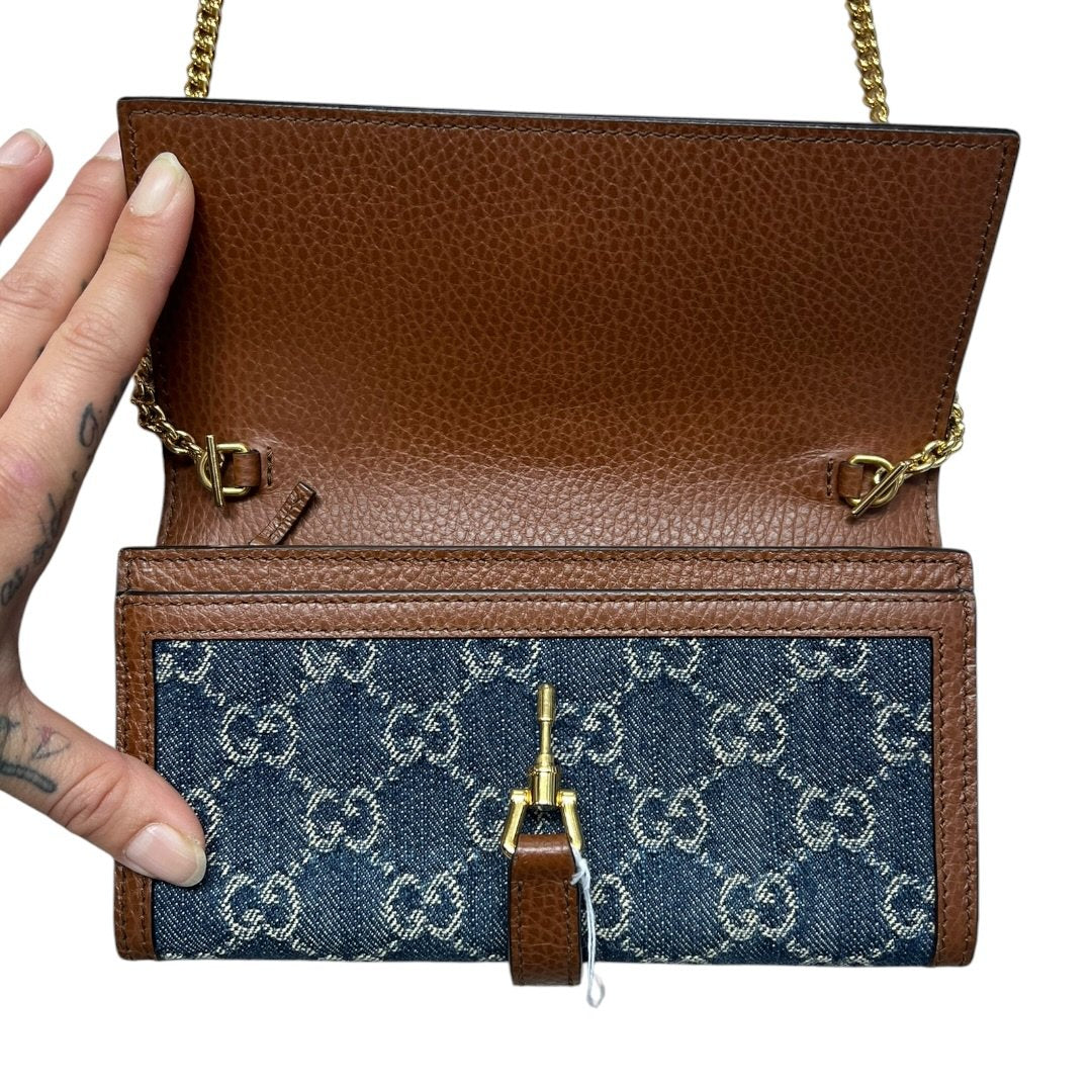 GUCCI Monogram Denim, Leather Jackie 1961 Wallet with Chain Wallet on Chain Blue, Brown Gold Hardware GU652