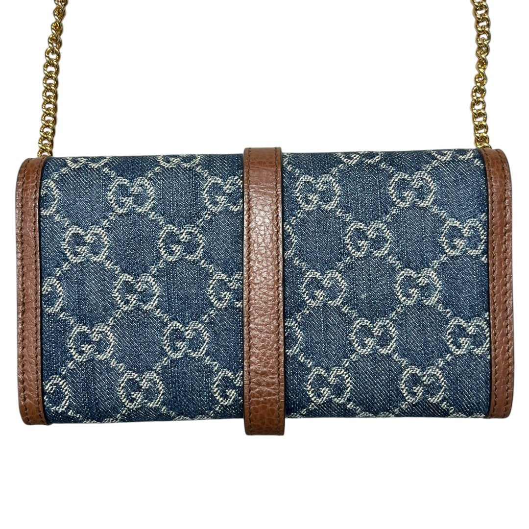 GUCCI Monogram Denim, Leather Jackie 1961 Wallet with Chain Wallet on Chain Blue, Brown Gold Hardware GU652