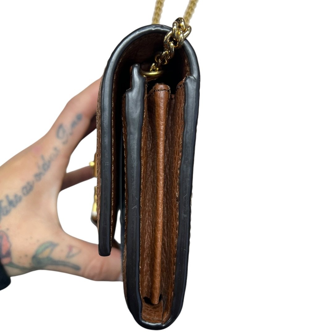 GUCCI Monogram Denim, Leather Jackie 1961 Wallet with Chain Wallet on Chain Blue, Brown Gold Hardware GU652