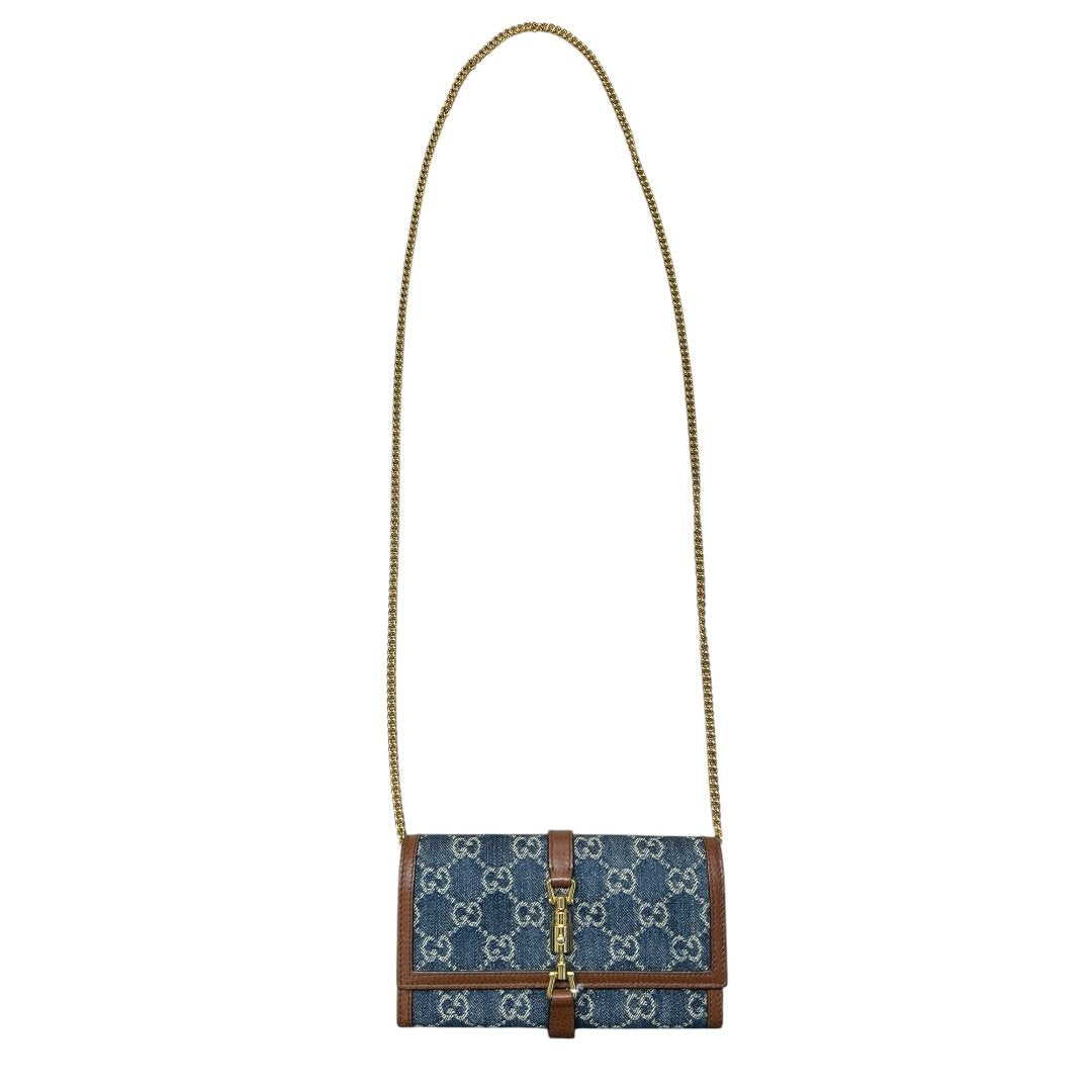 GUCCI Monogram Denim, Leather Jackie 1961 Wallet with Chain Wallet on Chain Blue, Brown Gold Hardware GU652