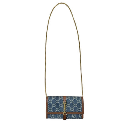 GUCCI Monogram Denim, Leather Jackie 1961 Wallet with Chain Wallet on Chain Blue, Brown Gold Hardware GU652