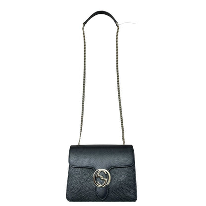 GUCCI Grained Leather Interlocking G Shoulder Bag Black Silver Hardware GU661