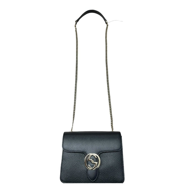 GUCCI Grained Leather Interlocking G Shoulder Bag Black Silver Hardware GU661