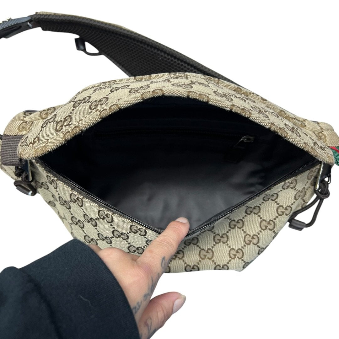 GUCCI GG Canvas Belt Bag Beige and Dark Brown Silver Hardware GU659