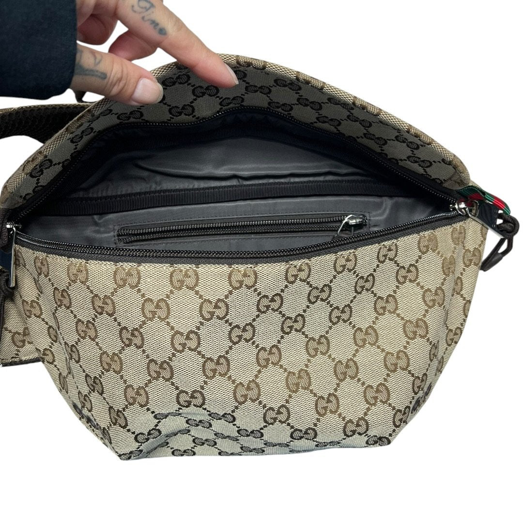 GUCCI GG Canvas Belt Bag Beige and Dark Brown Silver Hardware GU659