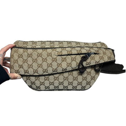 GUCCI GG Canvas Belt Bag Beige and Dark Brown Silver Hardware GU659