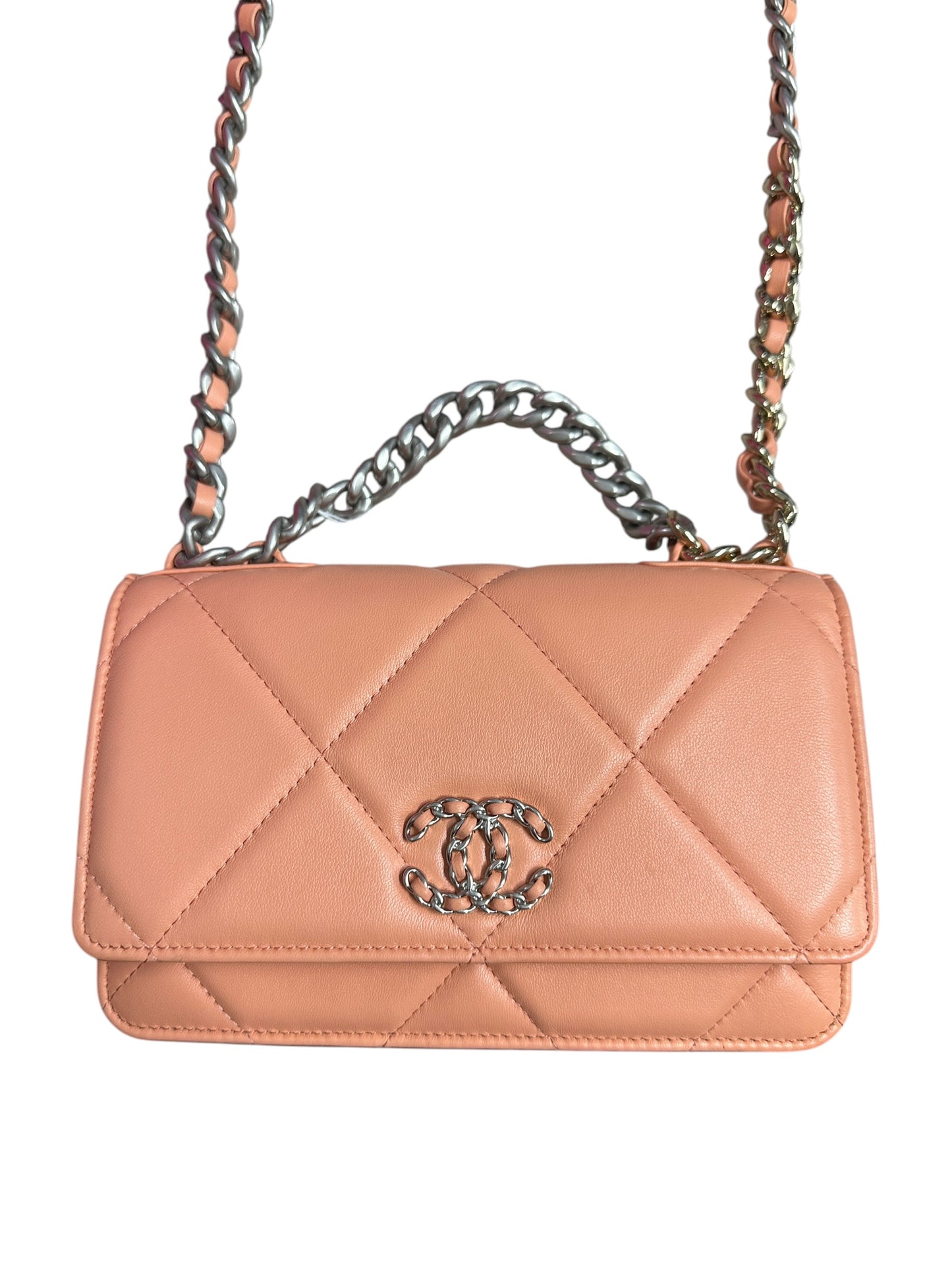 CHANEL Lambskin Chanel 19 Flap Bag with Top Handle Shoulder Bag Coral Mixed Hardware CH2175
