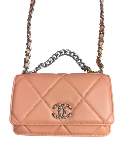 CHANEL Lambskin Chanel 19 Flap Bag with Top Handle Shoulder Bag Coral Mixed Hardware CH2175