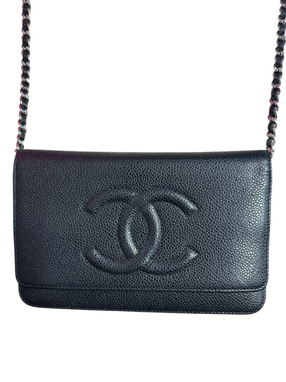 CHANEL Caviar Timeless CC Wallet on Chain WOC Crossbody Bag Black Silver Hardware CH2176