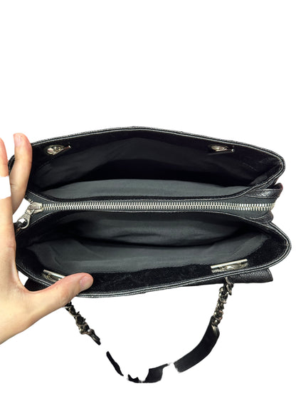 CHANEL Caviar Quilted Shopping Tote with Front Flap Pocket Shoulder Bag Black Silver Hardware CH2177