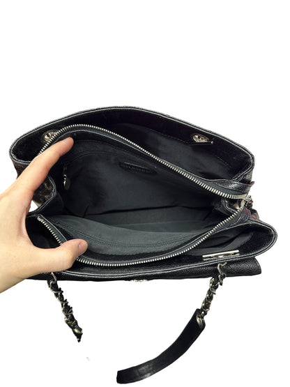 CHANEL Caviar Quilted Shopping Tote with Front Flap Pocket Shoulder Bag Black Silver Hardware CH2177