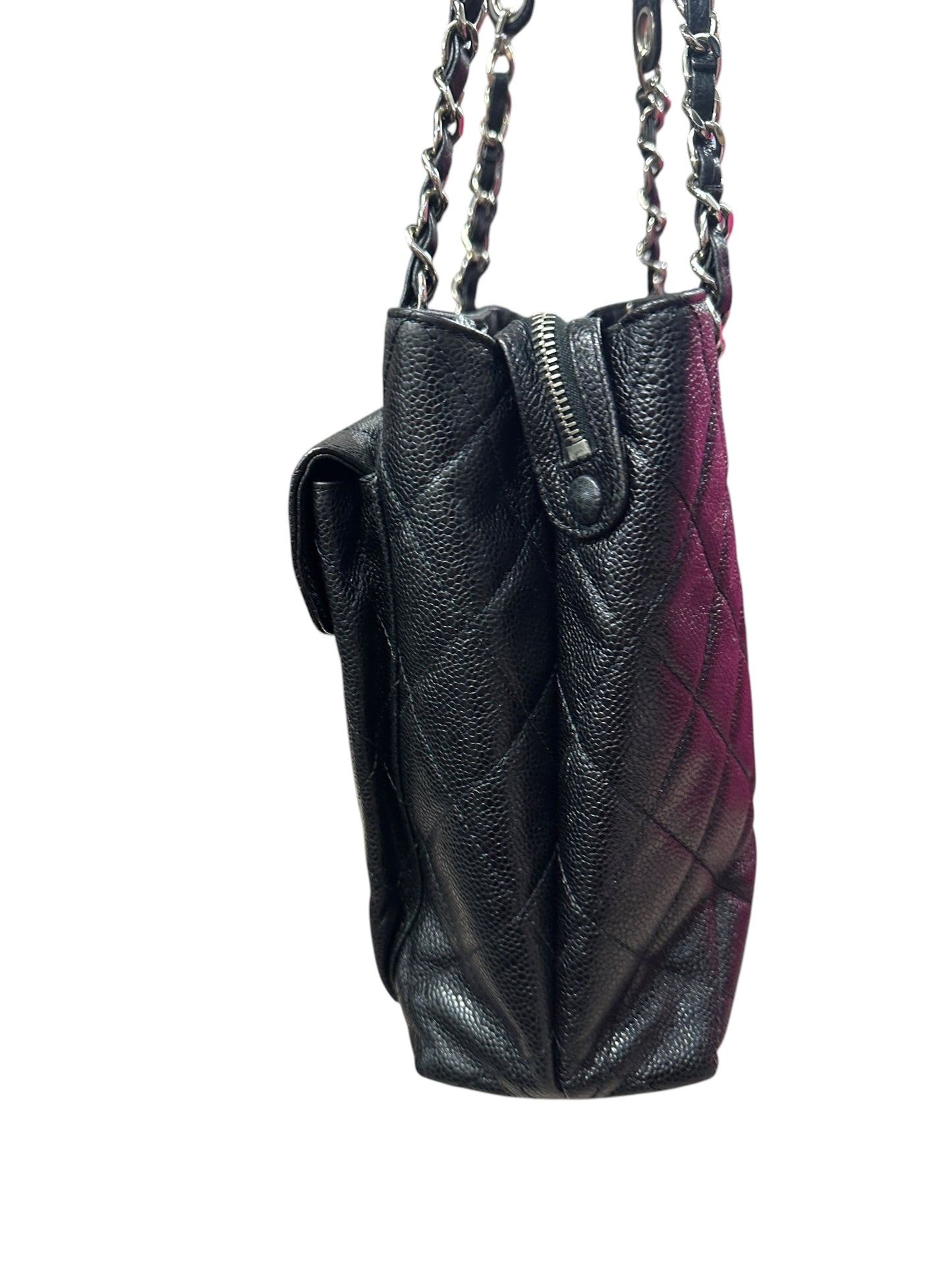 CHANEL Caviar Quilted Shopping Tote with Front Flap Pocket Shoulder Bag Black Silver Hardware CH2177