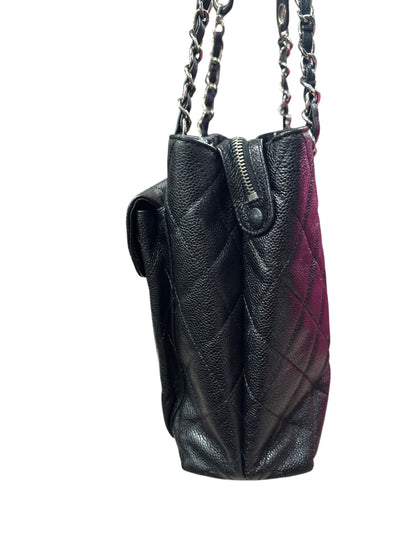 CHANEL Caviar Quilted Shopping Tote with Front Flap Pocket Shoulder Bag Black Silver Hardware CH2177