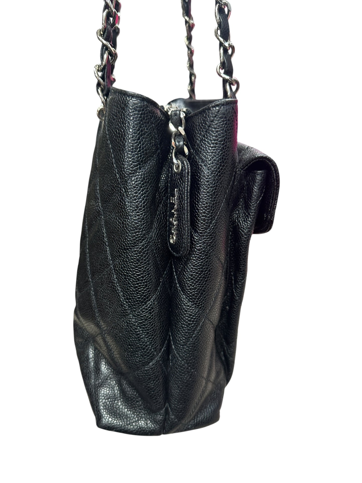 CHANEL Caviar Quilted Shopping Tote with Front Flap Pocket Shoulder Bag Black Silver Hardware CH2177