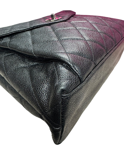 CHANEL Caviar Quilted Shopping Tote with Front Flap Pocket Shoulder Bag Black Silver Hardware CH2177