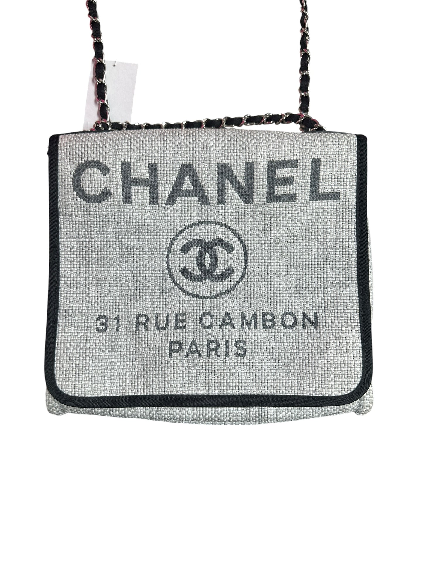 CHANEL Canvas Deauville Wallet on Chain WOC Crossbody Bag Light Grey Silver Hardware CH2178