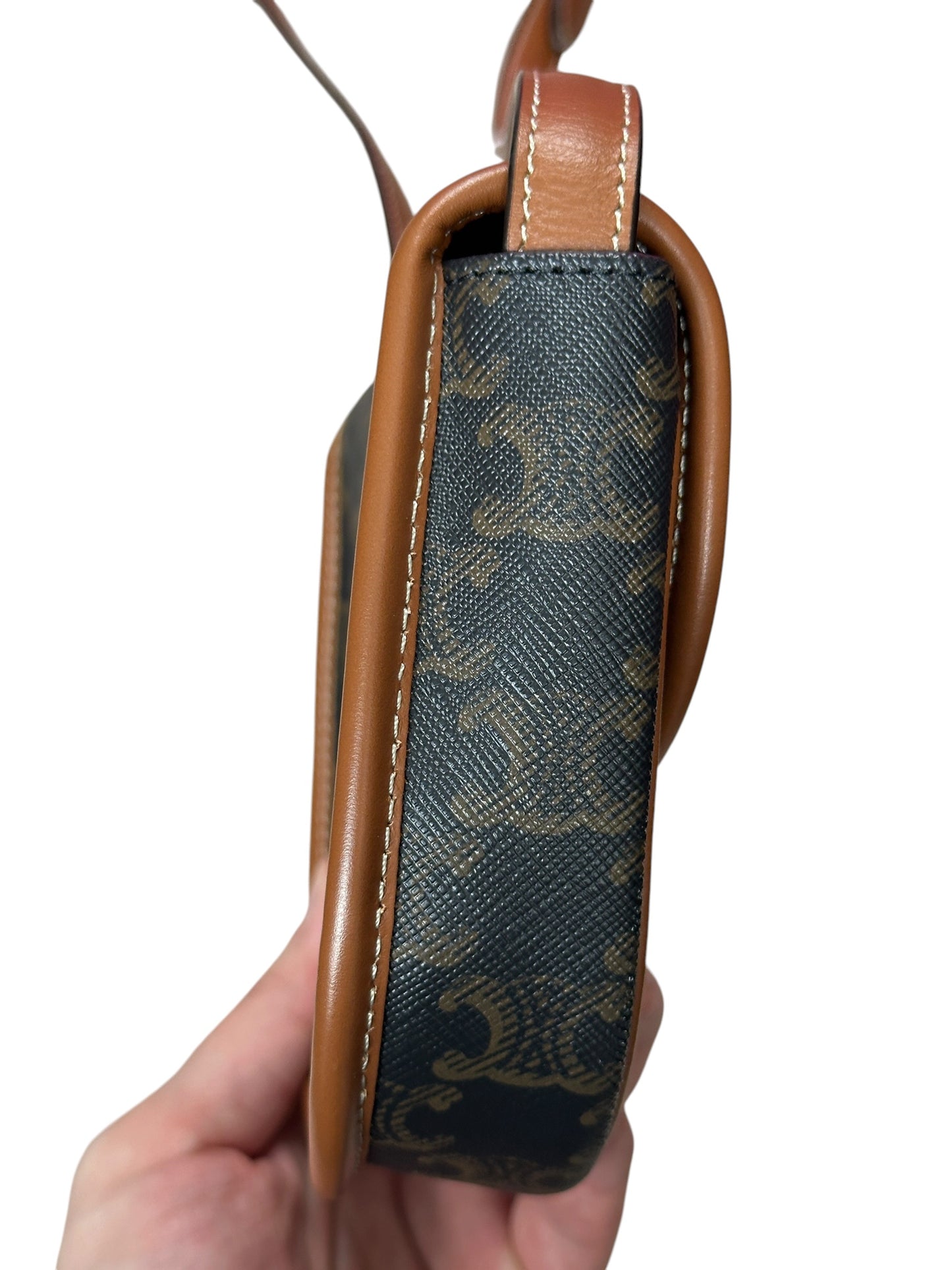 CELINE Triomphe Canvas Folco Saddle Bag Mini Black Tan Gold Hardware Ce265