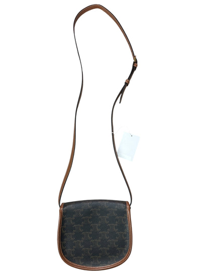 CELINE Triomphe Canvas Folco Saddle Bag Mini Black Tan Gold Hardware Ce265