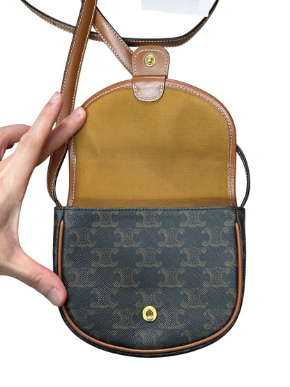 CELINE Triomphe Canvas Folco Saddle Bag Mini Black Tan Gold Hardware Ce265