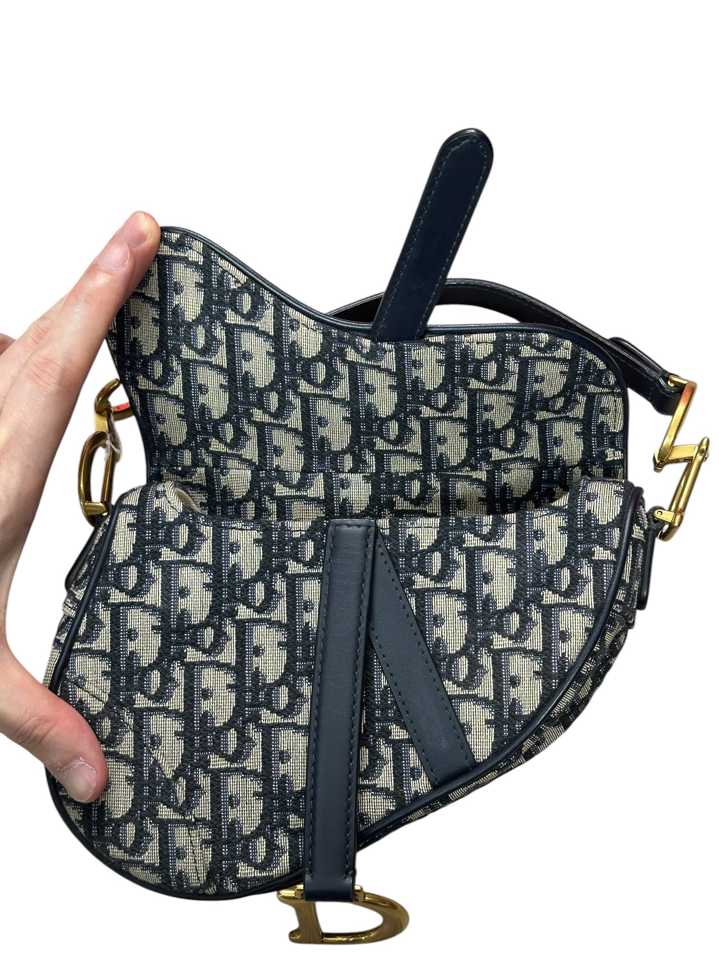 CHRISTIAN DIOR Oblique Jacquard Saddle Bag Medium Navy Gold Hardware Ch2171