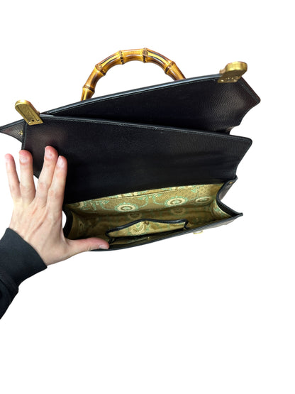 GUCCI Calfskin Bamboo Top Handle Animalier Print Bag Black Gold Hardware Gu667