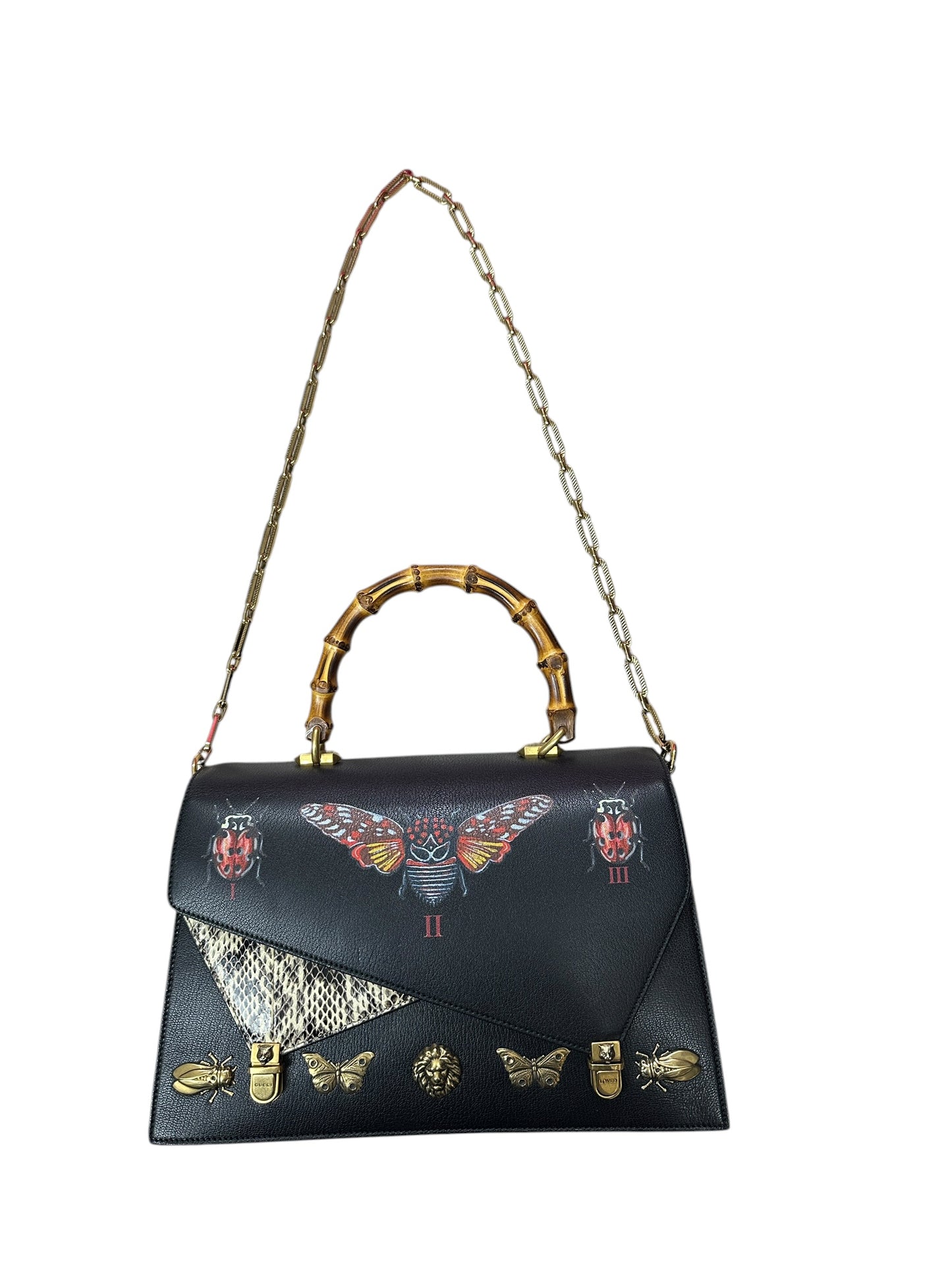 GUCCI Calfskin Bamboo Top Handle Animalier Print Bag Black Gold Hardware Gu667