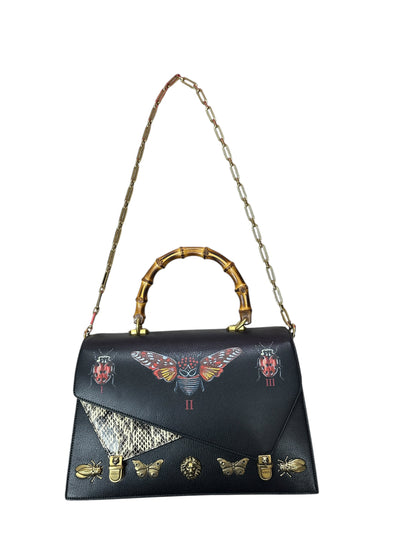 GUCCI Calfskin Bamboo Top Handle Animalier Print Bag Black Gold Hardware Gu667