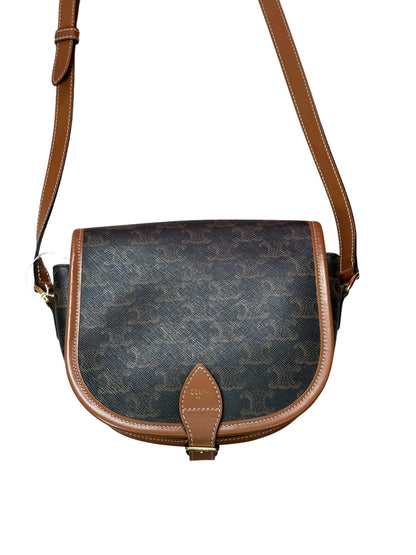CELINE Triomphe Canvas Folco Saddle Bag Brown Tan Gold Hardware Ce264