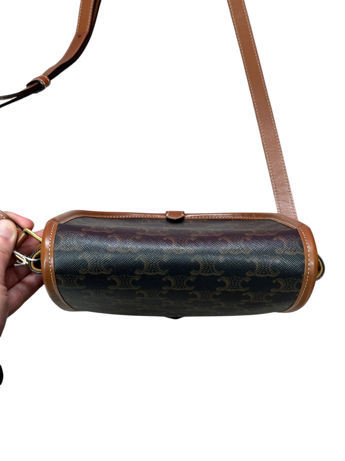 CELINE Triomphe Canvas Folco Saddle Bag Brown Tan Gold Hardware Ce264