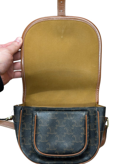 CELINE Triomphe Canvas Folco Saddle Bag Brown Tan Gold Hardware Ce264