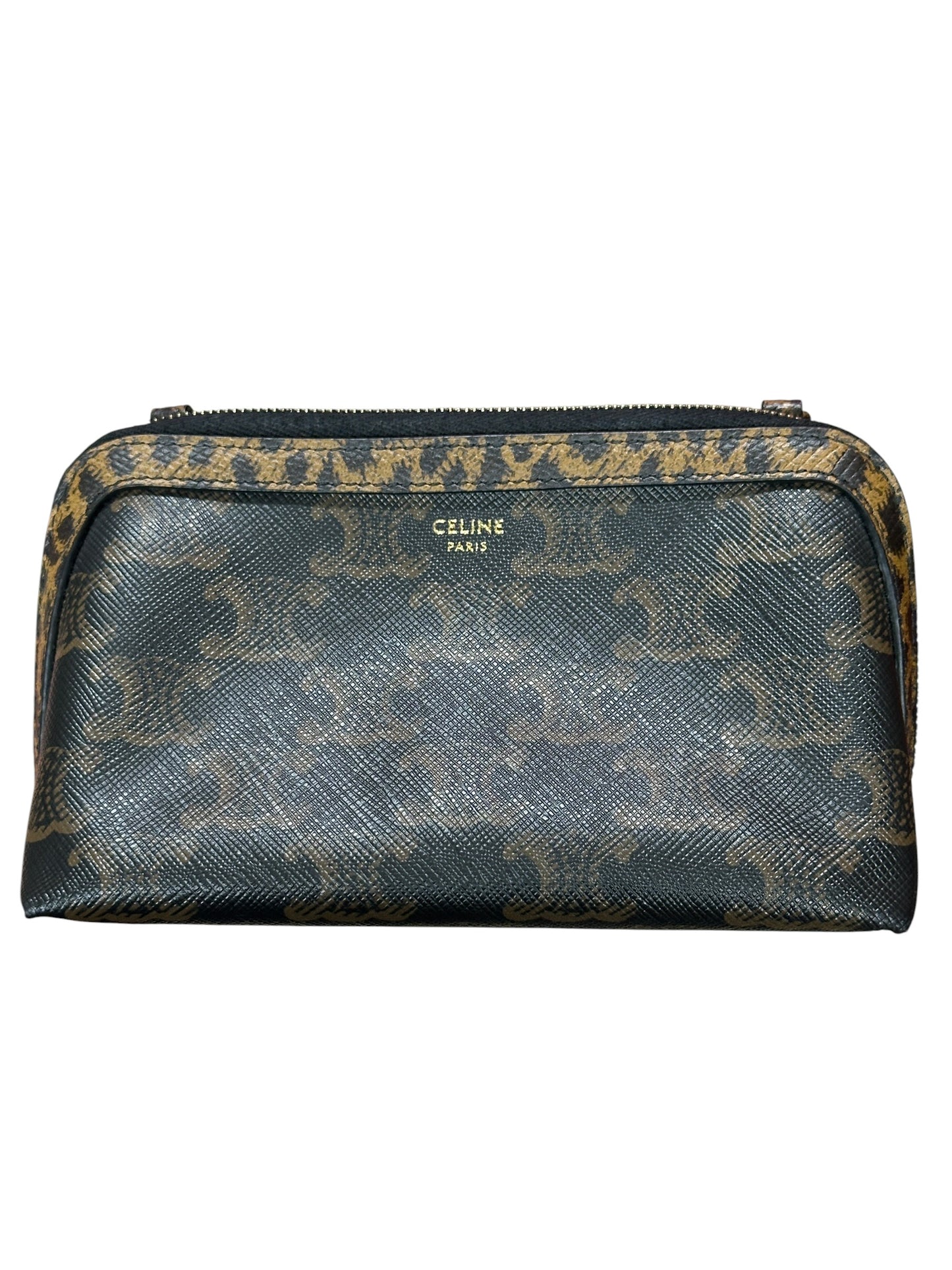 CELINE Triomphe Canvas Animal Print Chain Pouch Crossbody Bag Brown Gold Hardware Ce267