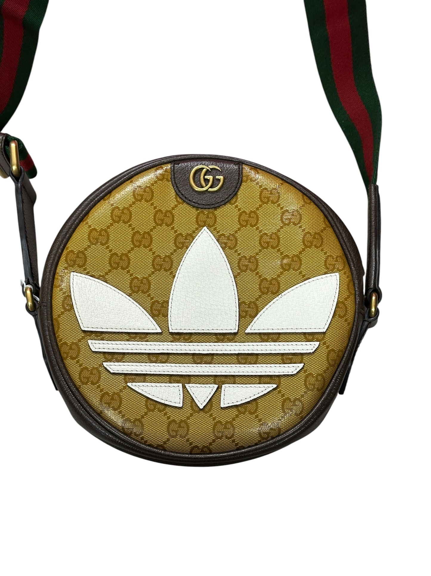 GUCCI x adidas GG Crystal Trefoil Round Shoulder Bag Beige Brown Gold Hardware Gu670