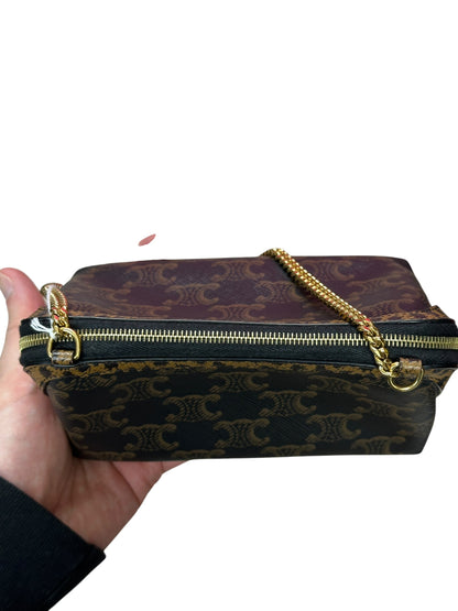 CELINE Triomphe Canvas Animal Print Chain Pouch Crossbody Bag Brown Gold Hardware Ce267