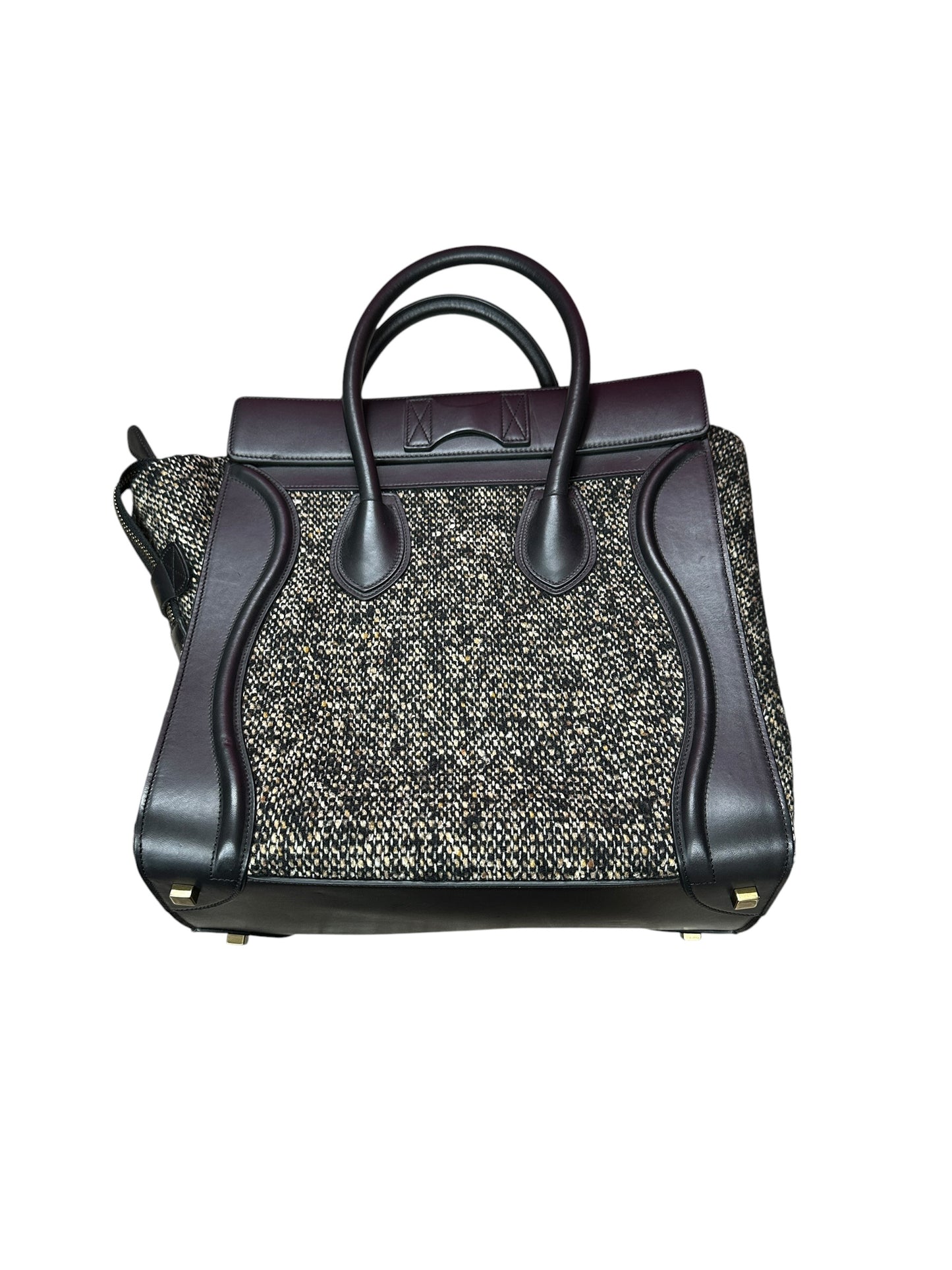 CELINE Tweed Boucle Mini Luggage Tote Bag Black White Gold Hardware Ce268