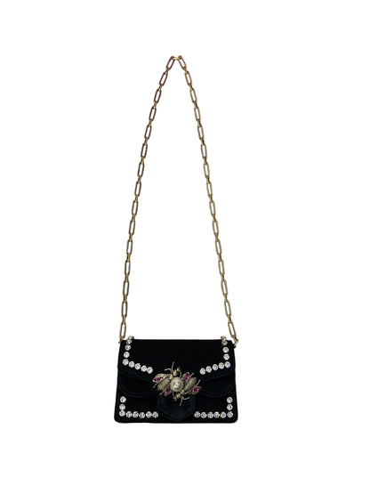 GUCCI Broadway Velvet Bee Crystal Mini Shoulder Bag Black Gold Hardware Gu669