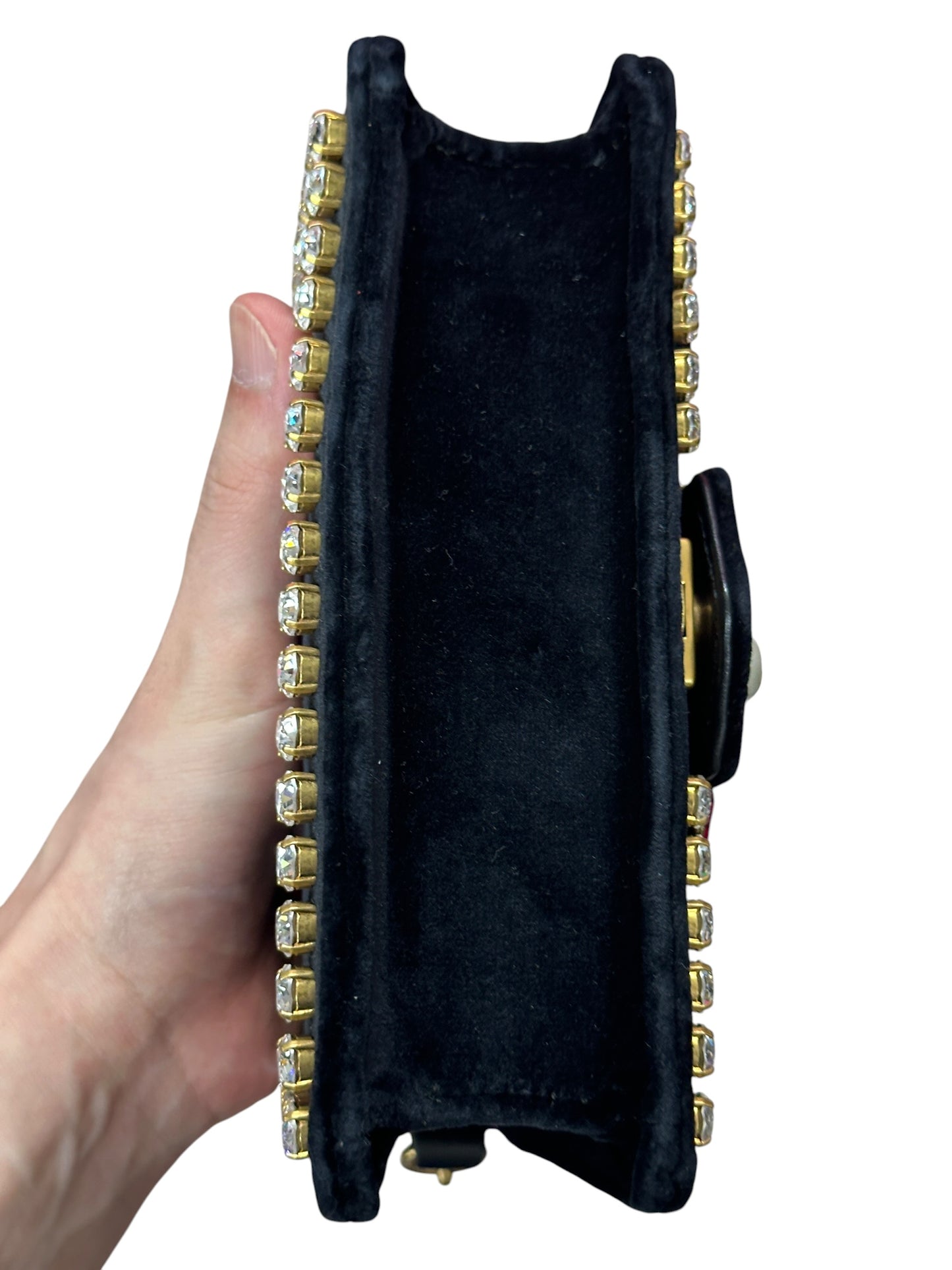 GUCCI Broadway Velvet Bee Crystal Mini Shoulder Bag Black Gold Hardware Gu669