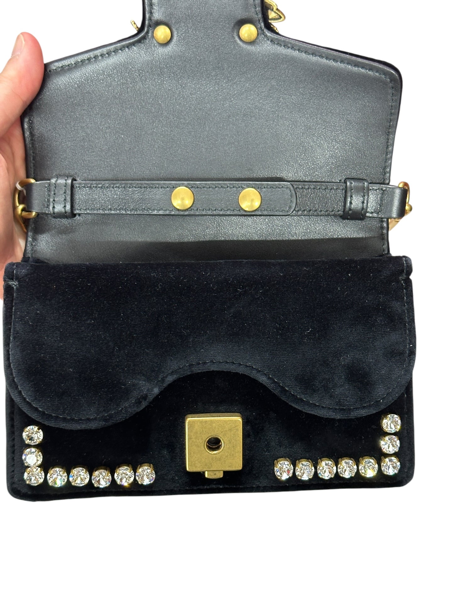 GUCCI Broadway Velvet Bee Crystal Mini Shoulder Bag Black Gold Hardware Gu669