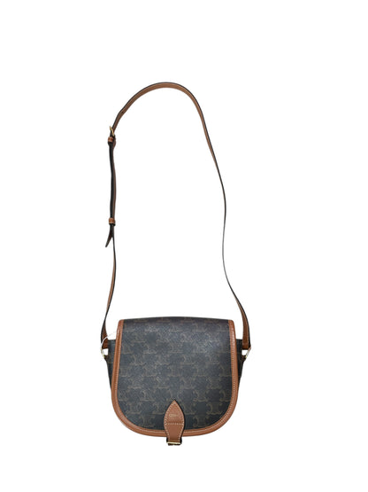 CELINE Triomphe Canvas Folco Saddle Bag Brown Tan Gold Hardware Ce264