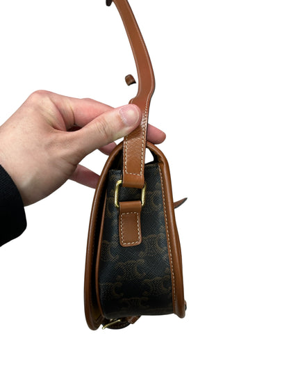 CELINE Triomphe Canvas Folco Saddle Bag Brown Tan Gold Hardware Ce264
