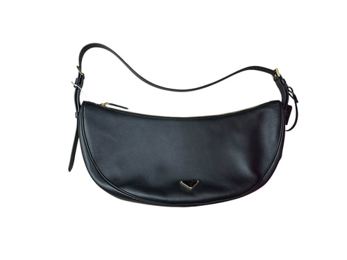 PRADA Arque Smooth Leather Crescent Shoulder Bag Black Gold Hardware PR211