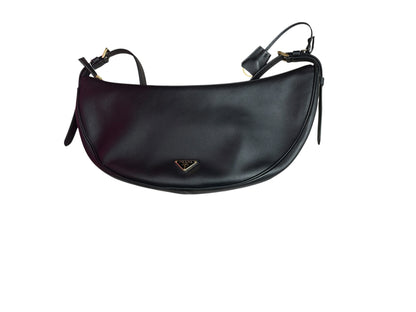 PRADA Arque Smooth Leather Crescent Shoulder Bag Black Gold Hardware PR211