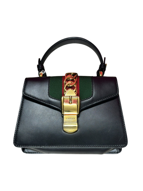 GUCCI Calfskin Sylvie Mini Top Handle Bag Black Gold Hardware GU664