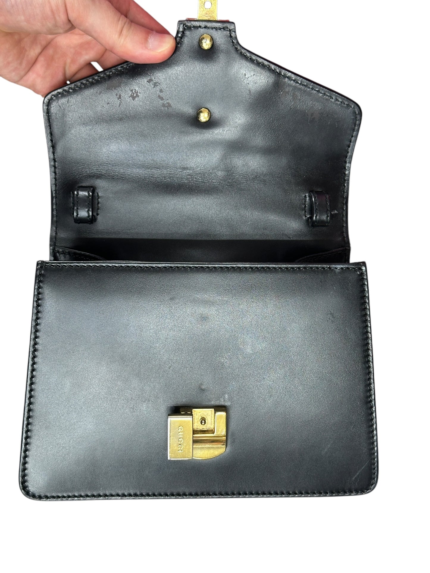 GUCCI Calfskin Sylvie Mini Top Handle Bag Black Gold Hardware GU664