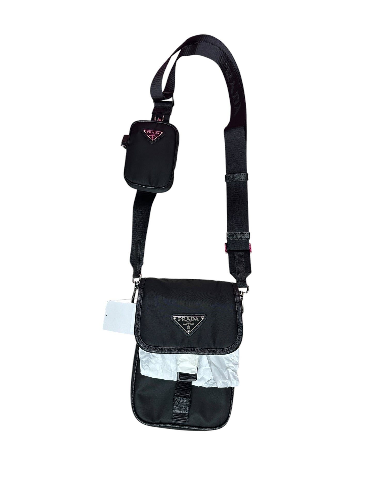 PRADA Re-Nylon Saffiano Vertical Crossbody Bag Black Silver Hardware PR209