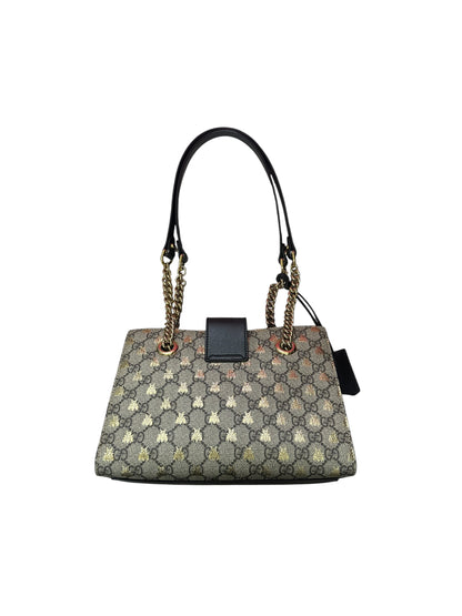 GUCCI GG Supreme Canvas Padlock Animalier Bee Small Shoulder Bag Brown Gold Hardware Gu666