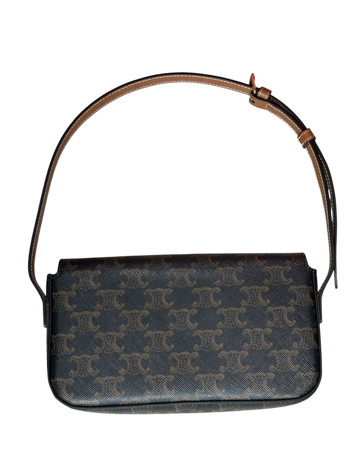 CELINE Triomphe Canvas Calfskin Shoulder Bag Brown Tan Gold Hardware Ce269