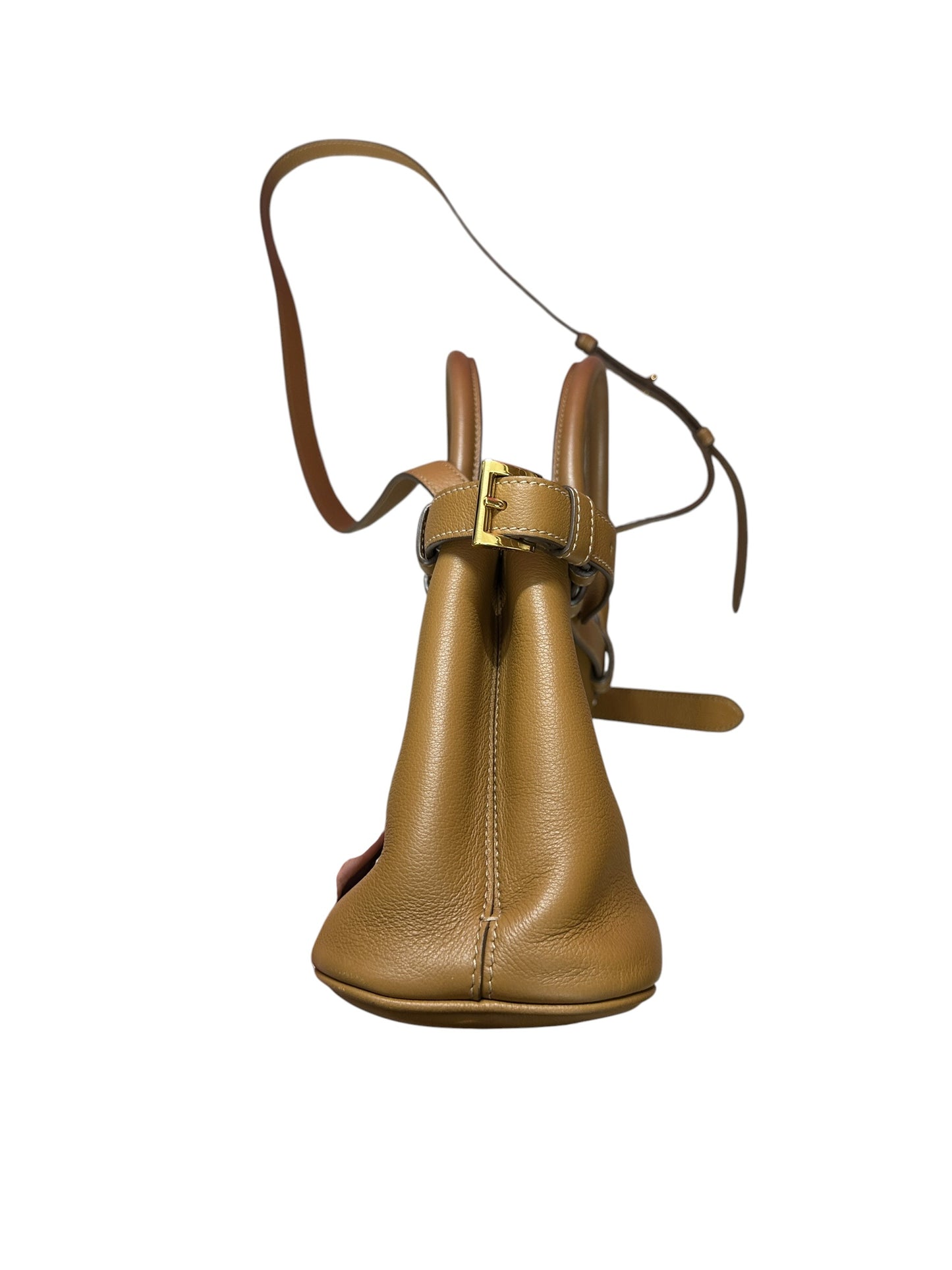 PRADA Buckle Calfskin Leather 2way Handbag Medium Caramel Gold Hardware PR210