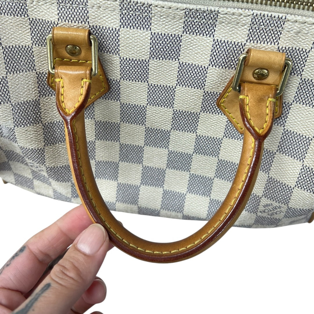 LOUIS VUITTON Damier Azur Speedy 25 Handbag White, Blue Gold Hardware LO2142